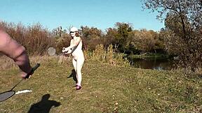 autumn frina strips naked outdoors plays badminton with lover then big ass doggy