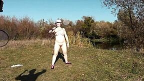 autumn frina strips naked outdoors plays badminton with lover then big ass doggy
