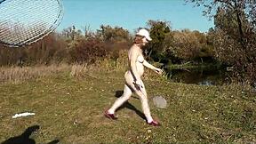 autumn frina strips naked outdoors plays badminton with lover then big ass doggy