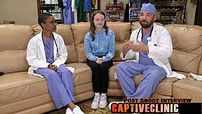 Petite nurse Serena Morgan spreads natural tits in POV patient domination roleplay backstage