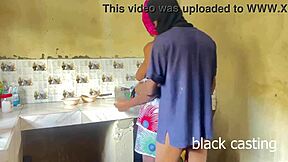 skinny ebony maid rides my big cock in kitchen sans wife
