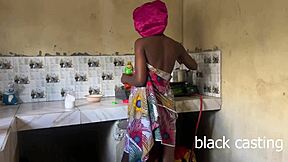 skinny ebony maid rides my big cock in kitchen sans wife