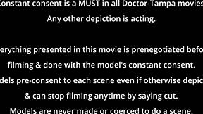 Petite nurse Serena Morgan spreads natural tits in POV patient domination roleplay backstage