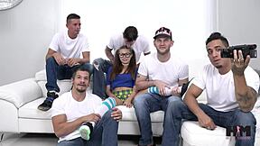 Carolina's first gangbang unleashes five cocks on her pounding cunt