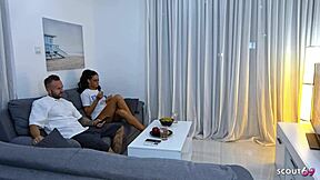 skinny german latina gf christy ley chokes on cock for quick livingroom break ride 😈🍆💦