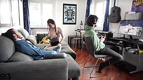 upgrade unlocked nerd boy joins 3some on couch cum blasts big tits italiano