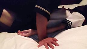 that cute maid in miniskirt gives footjob blowjob then creampie orgasm