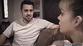 Virgin brunette with small tits finally takes that monster cock