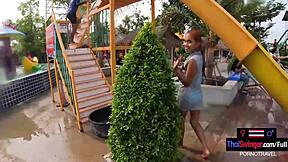 Horny asian amateur teen girlfriend splashes playfully in pool before wild doggystyle sex after steamy shower