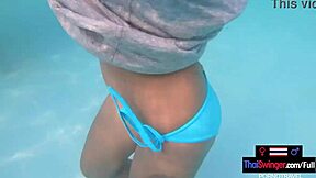 Horny asian amateur teen girlfriend splashes playfully in pool before wild doggystyle sex after steamy shower