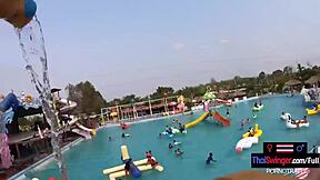 Horny asian amateur teen girlfriend splashes playfully in pool before wild doggystyle sex after steamy shower