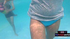 Horny asian amateur teen girlfriend splashes playfully in pool before wild doggystyle sex after steamy shower