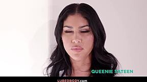 Nuru or nothing queenie sateen 18+ deepthroats oiled tits massage cock