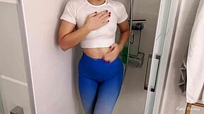 Hey, wanna see her wet gym clothes drip after that sloppy blowjob cumshot?