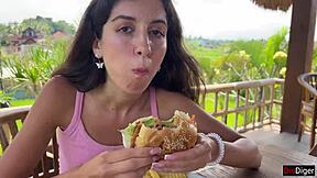 Cute brunette eats cum burger facewalk public cafe 🍔💦
