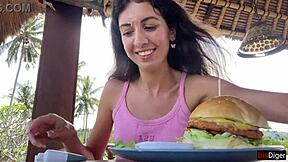Cute brunette eats cum burger facewalk public cafe 🍔💦