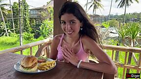 Cute brunette eats cum burger facewalk public cafe 🍔💦