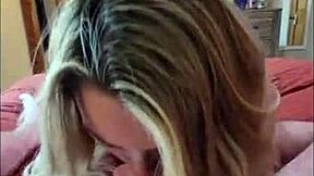 blonde milf wife in red bodysuit moans doggystyle close-up begging for thick creampie finish