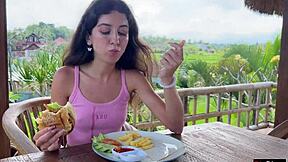 Cute brunette eats cum burger facewalk public cafe 🍔💦