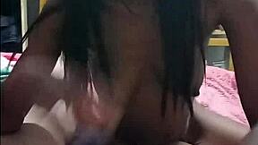 Skinny ebony babe devours white cock hungrily