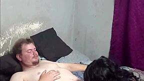 Boss chills with ebony maid's footjob blowjob while wife works