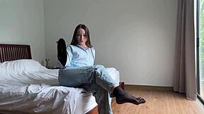 Sneaky foot babe in jeans blows then fucks hard outdoors