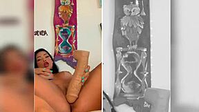 Oriental vip babe spreads her big ass and tits, masturbating wildly with huge dildo toy