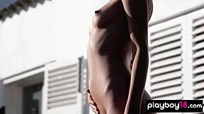 Ariel's skinny brunette babe body strips sexy swimsuit off petite