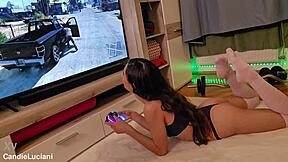 Skinny gamer slut rides anal toys to squirting orgasm