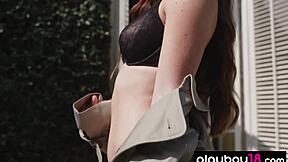 Ariel's skinny brunette babe body strips sexy swimsuit off petite