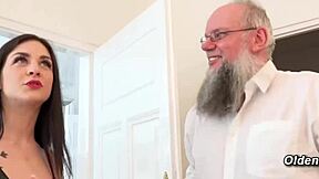 old man rams skinny brunette babe's small tits and tight pussy sideways