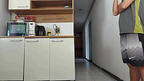 😈 risky kitchen fuck with hubby's friend while he showers almost caught bareback! 🔥