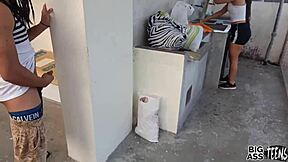 blackmailing big ass aunt on balcony for dirty blowjob creampie and anal pounding