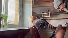 Horny wife in kitchen begs me eat pussy then doggystyle creampie inside!