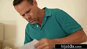 Hijab ebony hottie 😈 rides old American cock bareback for citizenship! Interracial teen fun 💦.