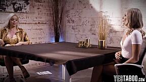 Desperate blonde milf face sits big tits lesbian boss pussy licking office fuck for job