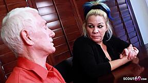 Young stud creampies old granny while cuck hubby watches her moan