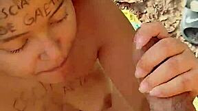 Risky beach blowjob ends with my hot load splashing her pretty face!