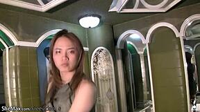 Brunette ladyboy teases hairy cock on camera