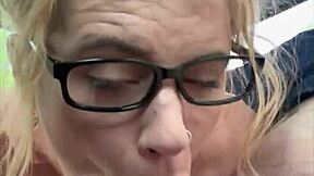 streetwalker in glasses deepthroats cock bends over car swallows cum after pov public facial from chubby guy