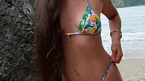 join hot bikini brunette dancing flashing tropical beach!