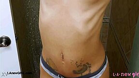 elegant tall brunette steps into steamy shower revealing her classy petite curves slowly