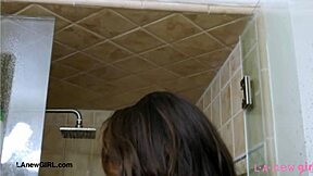 elegant tall brunette steps into steamy shower revealing her classy petite curves slowly