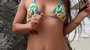 join hot bikini brunette dancing flashing tropical beach!