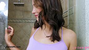 elegant tall brunette steps into steamy shower revealing her classy petite curves slowly