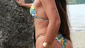 join hot bikini brunette dancing flashing tropical beach!