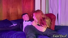 Redhead girlfriend flashes big tits and ass then begs for fingering and spanking on Halloween
