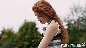 two petite milf bombshells strip outdoors for playboy centerfold