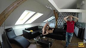 18+ teen rides cock hard while cuckold watches nearby