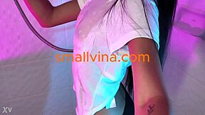 Damn, this super hot Asian teen in panties smokes and teases small tits!